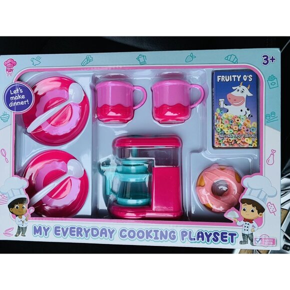 Pink Tea Party Playset Toy -  10-Pieces Cups, Spoons, Plates, Donuts Cookie NIB” - Picture 1 of 4